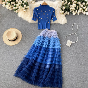 Two-Piece Short Beaded Knit Top with Mid-length Skirt, Matching Set Clothing