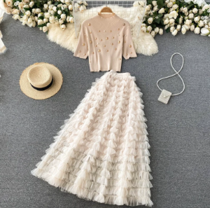 Two-Piece Short Beaded Knit Top with Mid-length Skirt, Matching Set Clothing